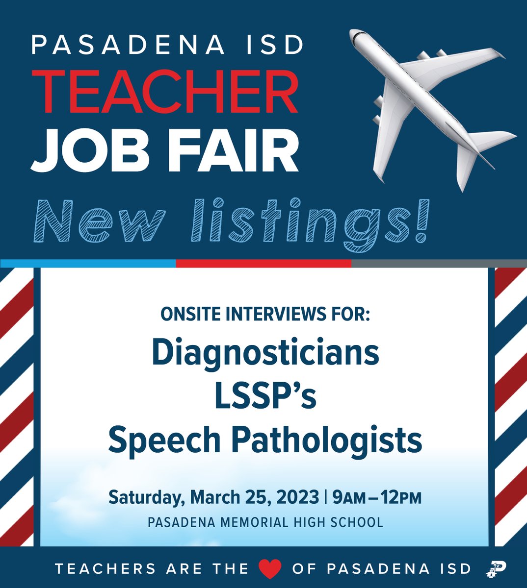We are excited to announce the addition of three new positions available at our Teacher Job Fair! We will be conducting onsite interviews 🤓 

Diagnosticians, LSSPs and Speech Pathologists stop by! 🔍