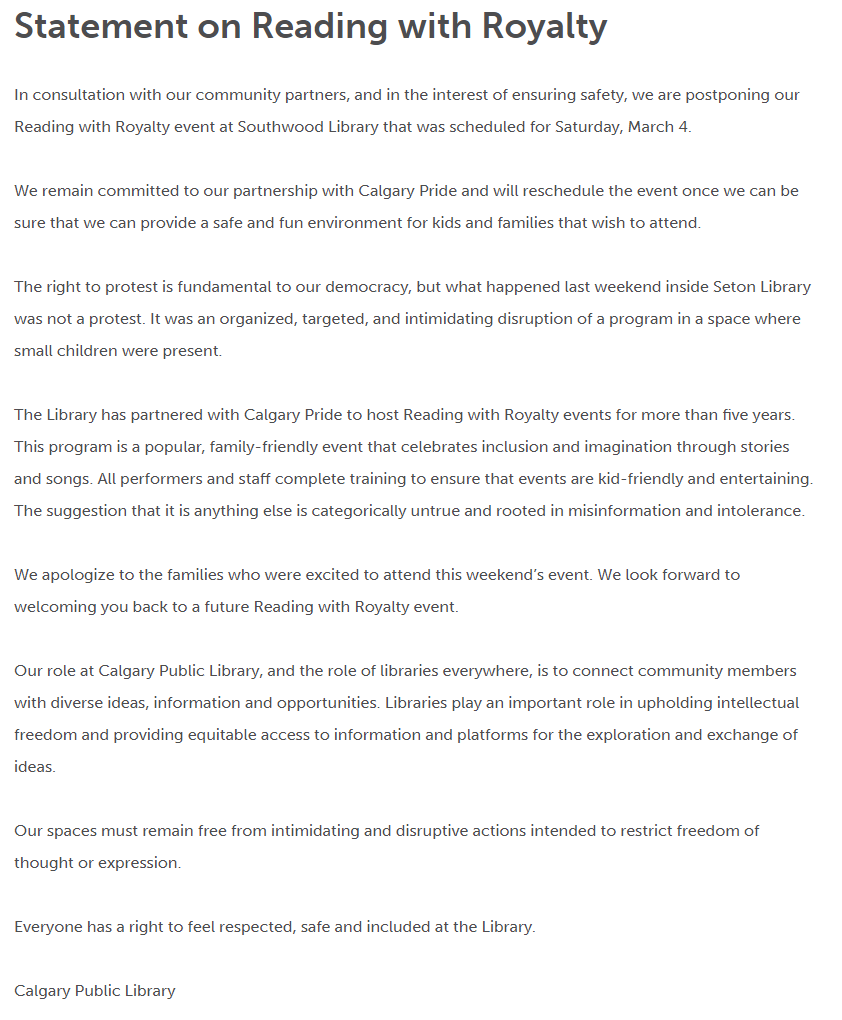 calgarylibrary's tweet photo. Please read our official statement regarding Reading with Royalty https://t.co/RiddH5nCXr https://t.co/22XpoPu3MW