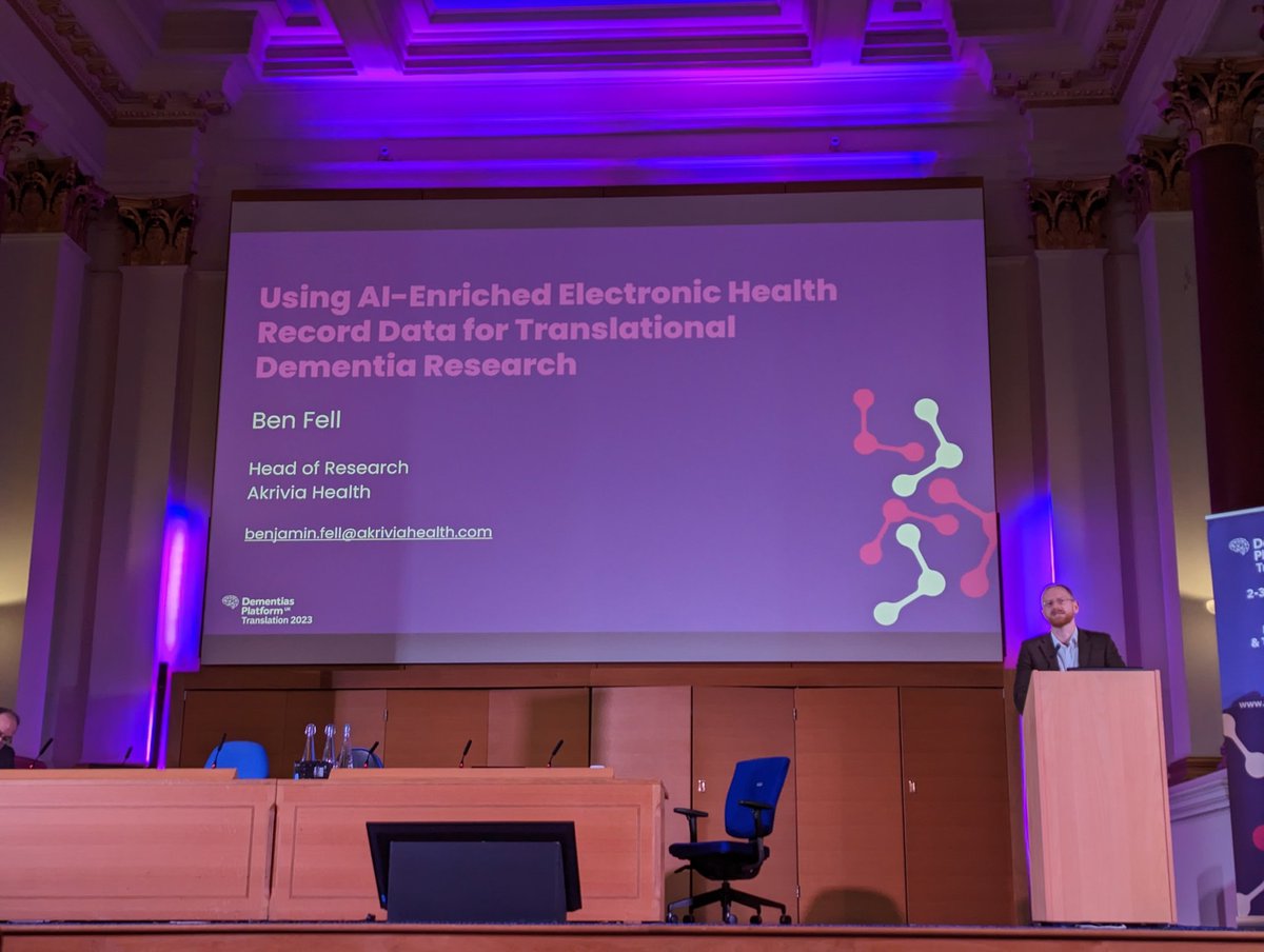 PKontari's tweet photo. A fantastic Day 2 at @DementiasUK #Translation2023 with inspiring talks on how #biomarkers and #bigdata can accelerate drug discovery for #dementia
Dr Ben Fell from @AkriviaHealth on how the use of AI-enriched EHR data can transform the future of dementia research! https://t.co/kSKfh6cEKX