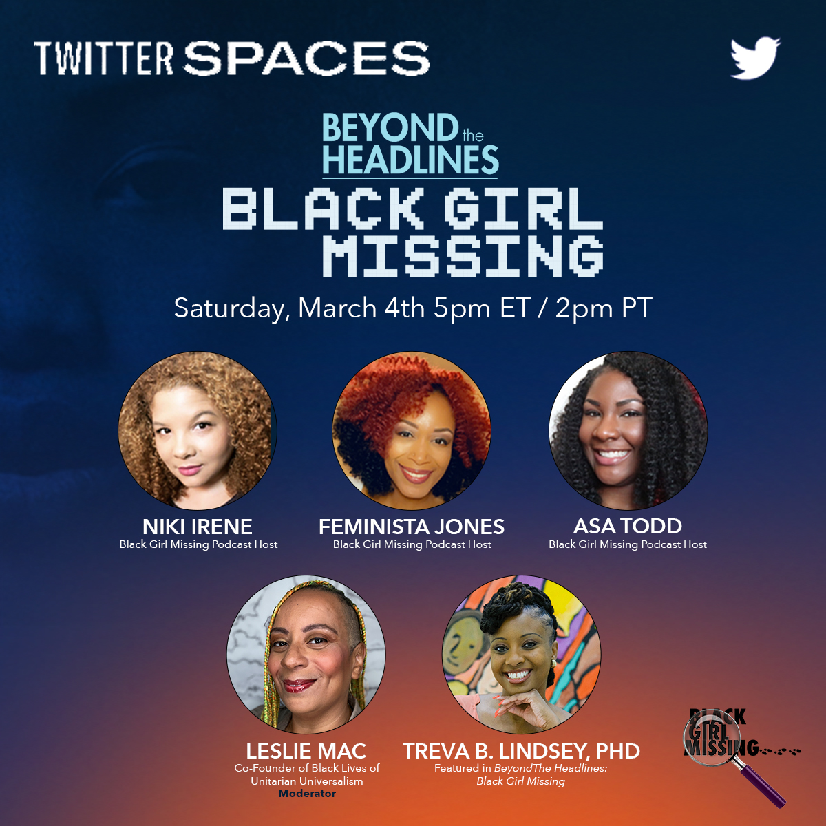 lifetimetv's tweet photo. Join us TOMORROW at 5pmET/2pm PT for a Twitter Spaces moderated by @LeslieMac with the hosts of @BlkGirlMissing podcast, with @divafeminist, @FlaggStacy, Tanesha Howard and Lifetime programmer @KarenKa43481238, as we discuss some of the real-life cases of missing women of color https://t.co/TnFl6O92zY