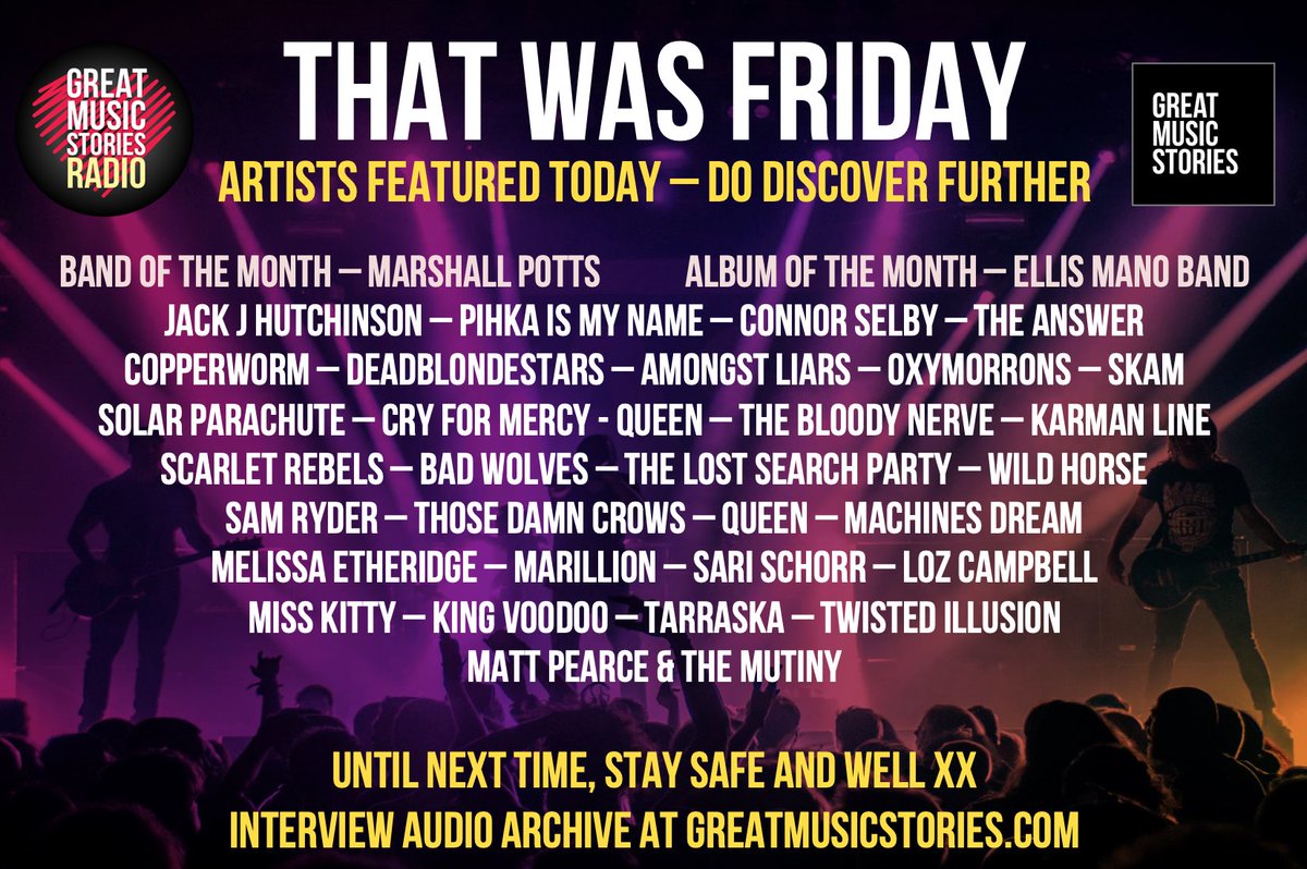 That’s your Friday folks. Artists featured, do discover further <a href="/MarshallPotts1/">Marshall Potts Music</a> #EllisManoBand <a href="/JackJHutchinson/">Jack J Hutchinson</a> @pihkaismyname <a href="/connor_selby/">Connor Selby</a> <a href="/theanswerrocks/">The Answer</a> <a href="/copperwormUK/">Copperworm</a> <a href="/ScarletRebels/">Scarlet Rebels</a> <a href="/MachinesDream/">Machines Dream</a> <a href="/DeadBlondeStars/">DeadBlondeStars</a> @amongstliars <a href="/SKAM_UK/">SKAM</a> <a href="/OXYMORRONS/">Oxymorrons</a>