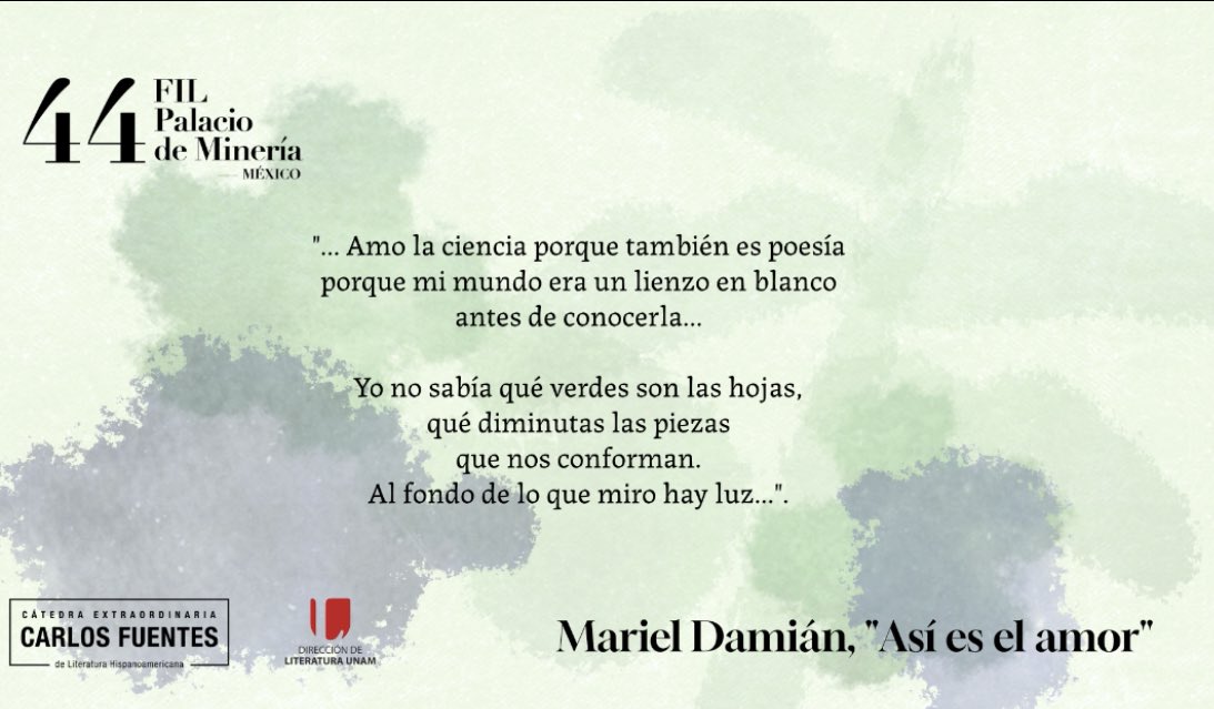 JSantibanez00's tweet photo. Cada programa de @TVUNAM desde la @FILMineria abre y cierra con un fragmento de poema de una autora o autor joven,ñ. Es una propuesta de la @CatedraCFuentes: celebramos la literatura que se escribe hoy. Aquí va una muestra: @ibbergman @espejodetierra @mujerdiminuta @Marielitazul https://t.co/nJBVJdpGGo