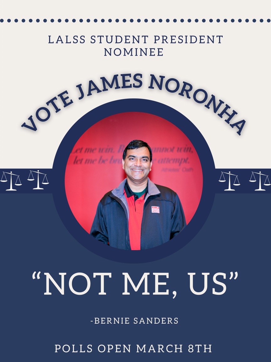 jamesnoronha's tweet photo. Hi Everyone, my name is James Noronha (2L) and I'm running for President of the @lalawstudentssociety

I believe that change is needed and that by bringing people together WE can build Linc to be the school we aspire it to be.

Come by the Candidates Debate on Monday March 6th https://t.co/4s9kQVE7RB