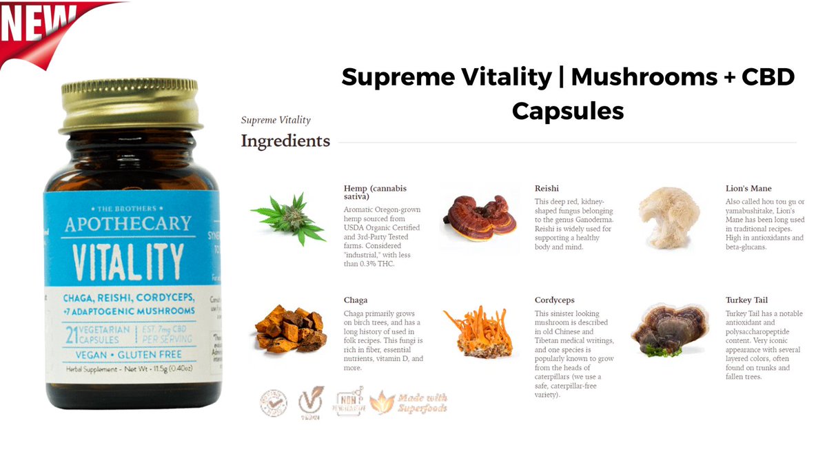 Supreme Vitality | Mushrooms + CBD Capsules
CBD Infused Reishi, Chaga & Cordyceps
Draw strength from Mother Earth with this fusion of nutrient-rich fungi.  eaglebotanicals.com/product-page/s…
#mushroomcbd #mushrooms #mushroomcapsules #cbd #cbdmushrooms