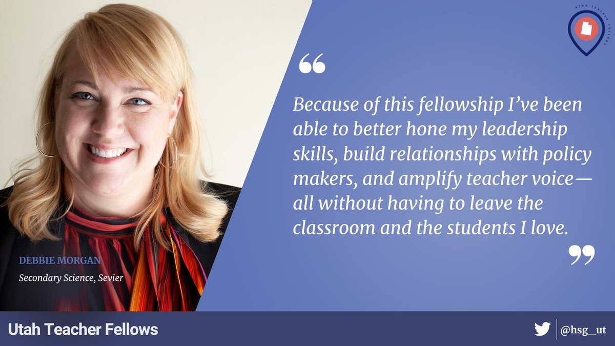 HSG_UT's tweet image. The Utah Teacher Fellows helps teachers like @DebbieSciTech build leadership skills, create relationships with policymakers, and amplify their voices. 

Apply here by April 15th: docs.google.com/forms/d/e/1FAI…

#eduhive #uted #utedchat #teacherleadership #utahteacherfellows