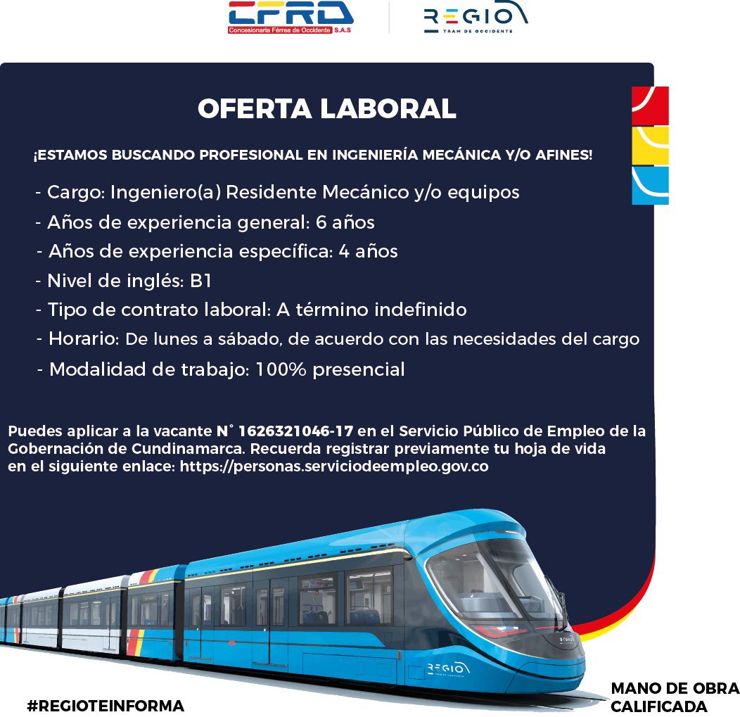 RegiotramCFRO's tweet photo. #RegioTeInforma
Esta información es importante para ti. Tenemos nuevas ofertas laborales para mano de obra calificada. Si estás interesado y cumples con alguno de los perfiles, te invitamos a participar. 🚊
#NuestroRegio #RegiotramDeOccidente #CFRO #Regiotram https://t.co/jDCMdYykoJ