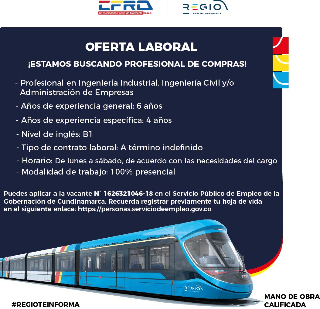 RegiotramCFRO's tweet photo. #RegioTeInforma
Esta información es importante para ti. Tenemos nuevas ofertas laborales para mano de obra calificada. Si estás interesado y cumples con alguno de los perfiles, te invitamos a participar. 🚊
#NuestroRegio #RegiotramDeOccidente #CFRO #Regiotram https://t.co/eDWJic45Tv