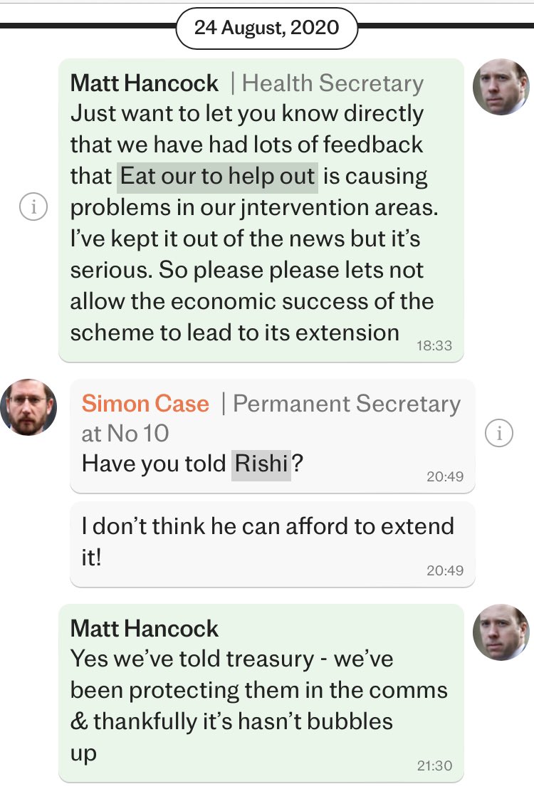 Matt Hancock admits in this message to Simon Case that he helped cover up rising cases in key areas during Eat Out to Help Out. Strikes me as potentially the biggest revelation yet…