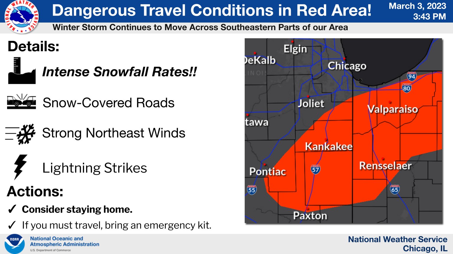 Heads up! Dangerous travel conditions will continue in the red-shaded area through this evening with intense snow rates and strong northeast winds. There are also numerous lightning strikes occurring within the bands of snow!