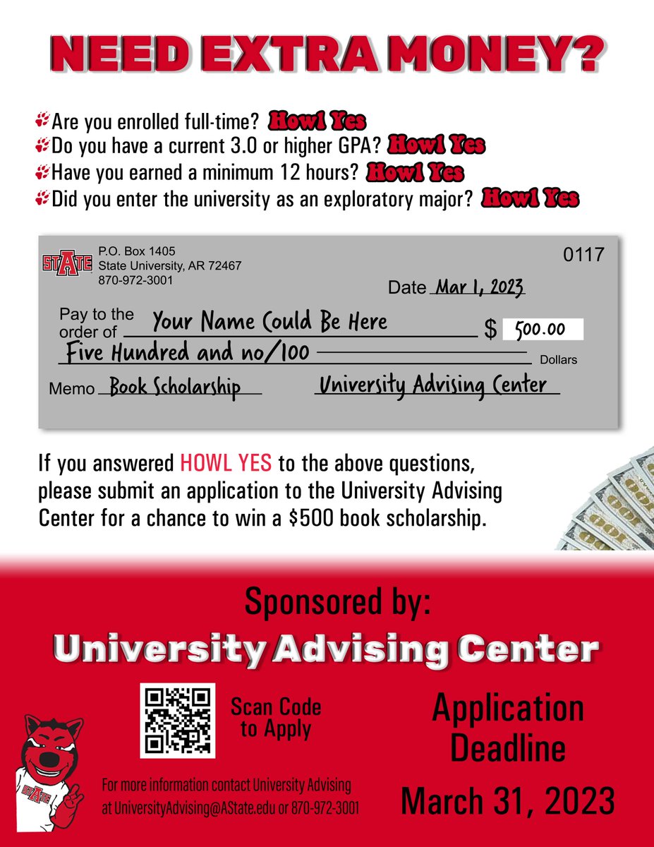 Need Extra Money?
Enrolled Full-Time?
Earned 12 credit hours?
Entered the University as an Exploratory Major? 
If you answered yes to any of these questions, you may be eligible for a chance to win a $500 Book Scholarship. See flyer for details on how to apply.