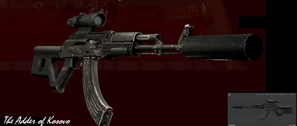 AxelHackson's tweet image. Possibly my favourite thing about @tarkov is weapon creation. I like to geek out when I make weapons in this game, and imagine that they are somekinda legendary pickup in an RPG.  Latest scratch build, I call: "The Adder of Kosovo"