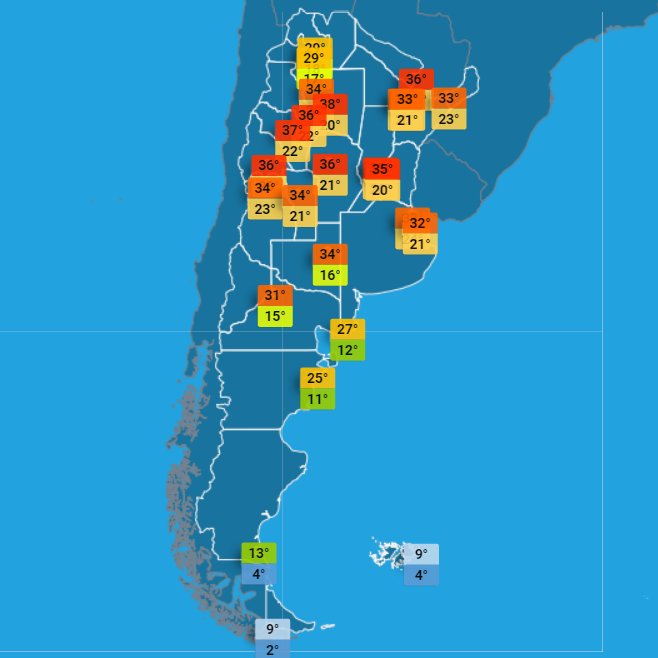 SMN_Argentina's tweet photo. #ElFinde| Continuará caluroso con temperaturas máximas superiores a 30 °C y 35 °C en varias provincias del centro/norte del país y norte de Patagonia.
El DOM pueden registrarse tormentas intensas en parte del NOA y vientos fuertes en Chubut y Santa Cruz. https://t.co/HR4LGtOd3P https://t.co/ndNpofDDoE