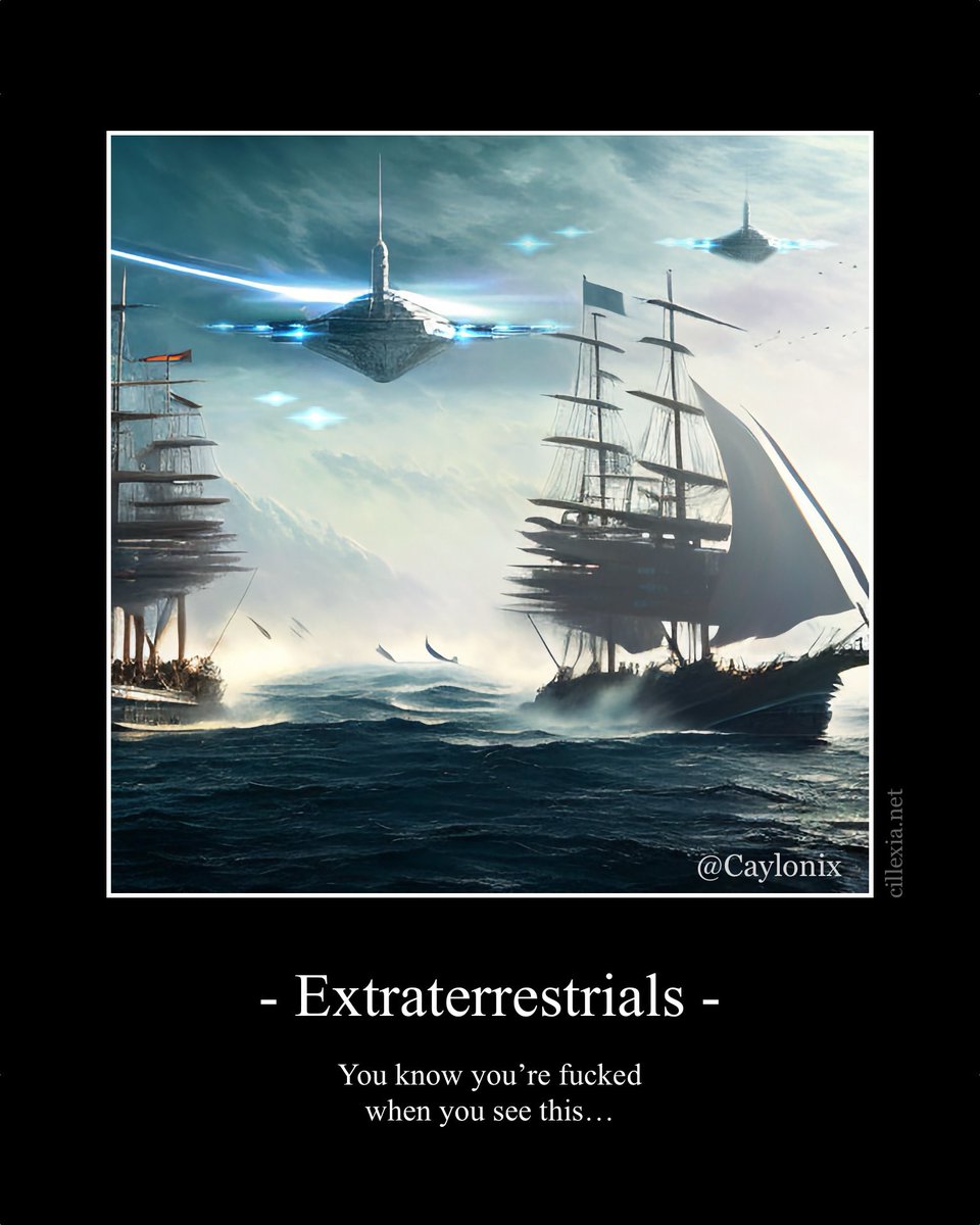 Extraterrestrials - You know you‘re fucked when you see this…

Here you see some #funny #art by me!
This shows an #extraterrestrial armada consisting of advanced #spaceships entering the atmosphere of an #alienworld with only simple #sailingships - What does the view tell you?