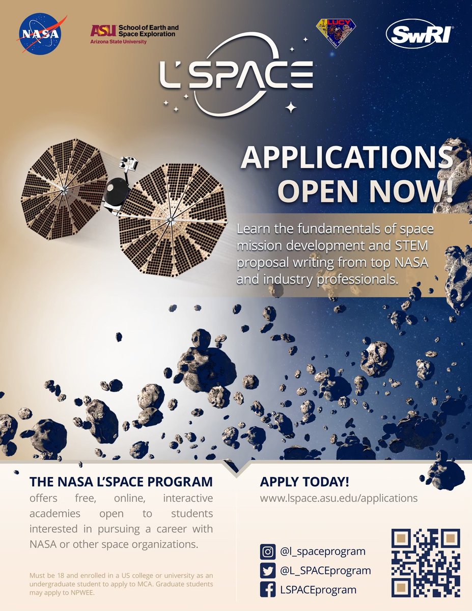 L_SPACEProgram's tweet image. FREE NASA Opportunity!
Are you ready to prepare for a career in the space exploration industry? Spend this summer developing skills that will accelerate your preparation and make you even more selectable for internships and jobs in the industry. Join us THIS SUMMER!