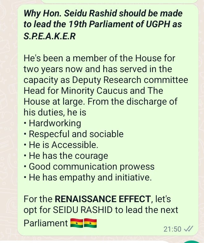 Caucusminority's tweet photo. Why Hon. Seidu Rashid should be made to lead the 19th Parliament of UGPH as S.P.E.A.K.E.R

He has been a member of the House for two years now and has served in the capacity as Deputy Research committee Head for Minority Caucus and The House at large. https://t.co/8yn9rlhT1M