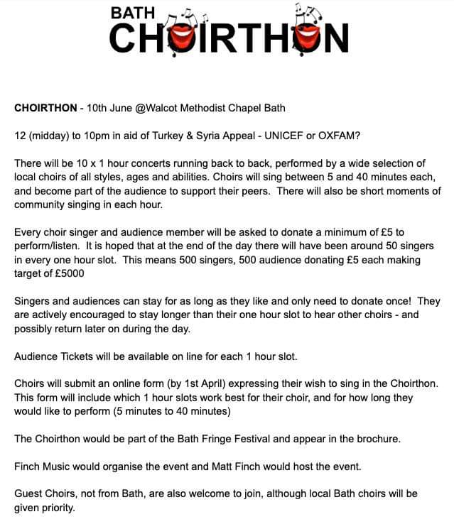 I have now contacted 50 local choirs by email, messenger, twitter or directly through their websites about a Choirthon in Bath
More details in the photos below and link to form to book a slot is here: forms.gle/f39rAoaGRzssNc…
Choirs not from Bath are welcome to apply.