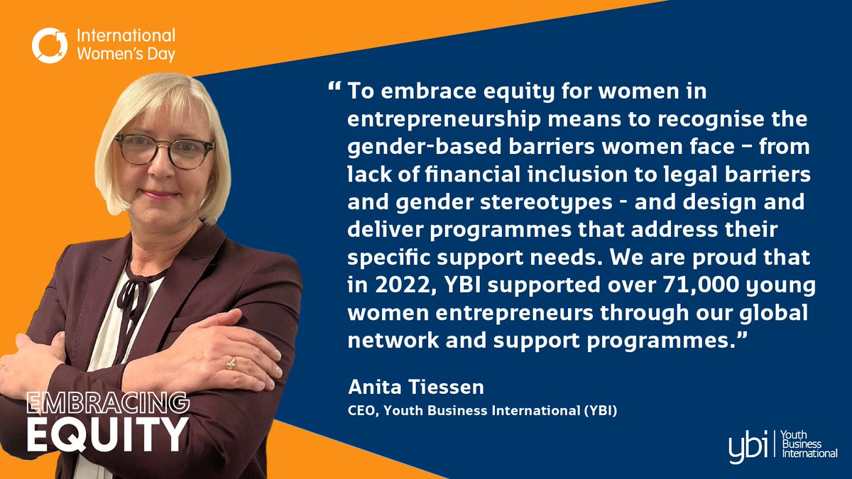 This week, we are celebrating #IWD2023 by highlighting how YBI &amp; our network #EmbraceEquity for young female entrepreneurs. In 2022, we supported over 71k young women entrepreneurs around the world – that's 58% of all young entrepreneurs supported by the YBI network last year.