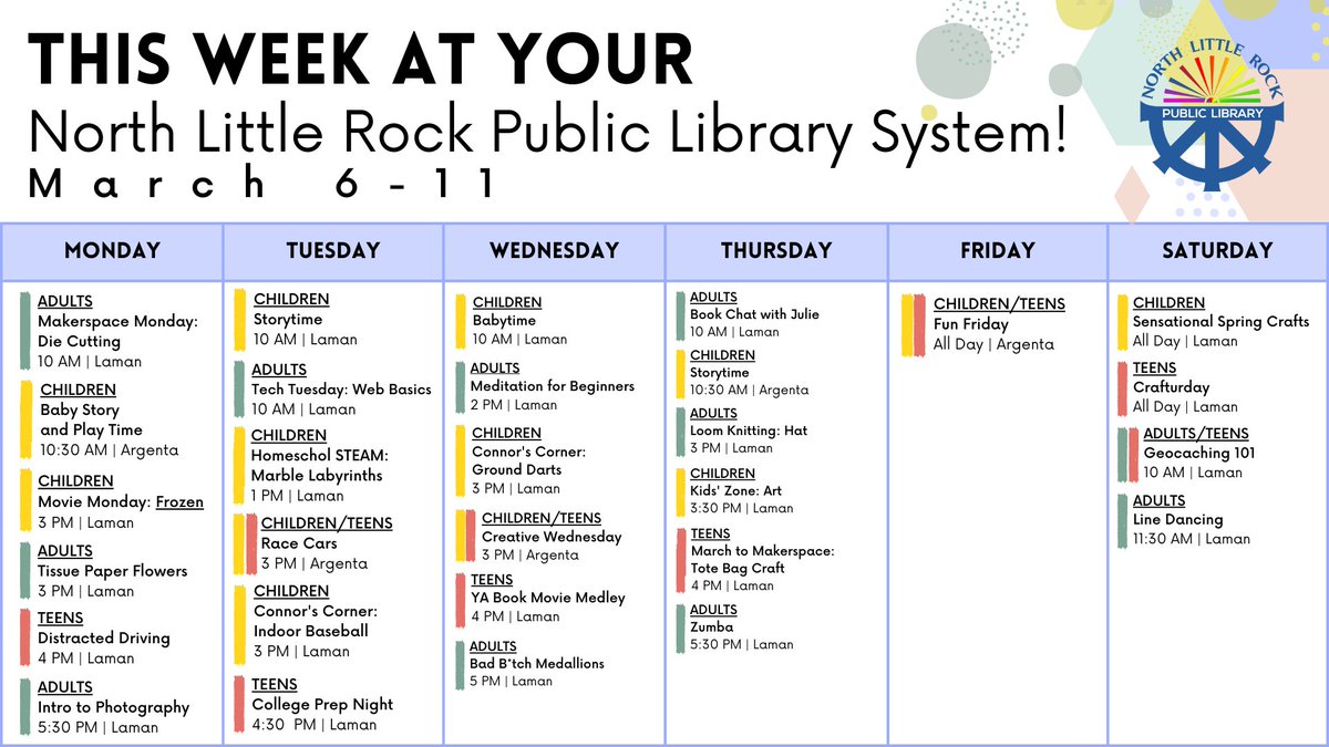 Storytimes, crafting, meditation, geocaching, and college prep are just a few of the programs you'll find this week at your North Little Rock Public Libraries!

Find our full event calendar at programs.nlrlibrary.org/events!