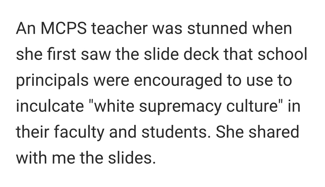 A teacher shared with Bernstein her impressions of a slide show presented to MCPS administrators on 