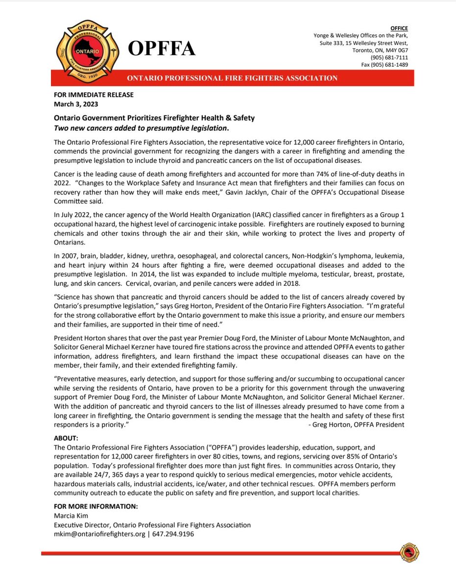 Great work from all Ontario Professional Fire Fighters Association's executive and the provincial government. We appreciate your hard work!