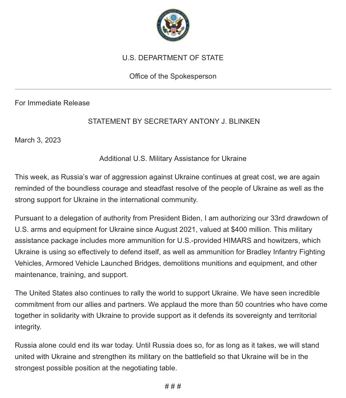 [情報] 美國再軍援四億美元給烏克蘭