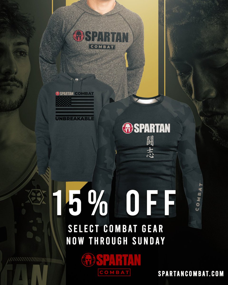 Visit Spartancombat.com to get 15% select gear now through Sunday! #TeamSpartan spartancombat.com/collections/ge…