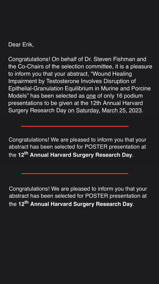 Jessica Mroueh (@jessicamroueh) on Twitter photo Excited to share that our abstracts have been selected for a podium (as one of only 16 podium presentations!) and two poster presentations at the 12th Annual Harvard Surgery Research Day!
Congrats <a href="/Erik_Reiche/">Erik Reiche</a> <a href="/VanessaMroueh/">Vanessa Mroueh</a> 🌟 #harvard #surgery #plasticsurgery #research Excited to share that our abstracts have been selected for a podium (as one of only 16 podium presentations!) and two poster presentations at the 12th Annual Harvard Surgery Research Day!
Congrats <a href="/Erik_Reiche/">Erik Reiche</a> <a href="/VanessaMroueh/">Vanessa Mroueh</a> 🌟 #harvard #surgery #plasticsurgery #research