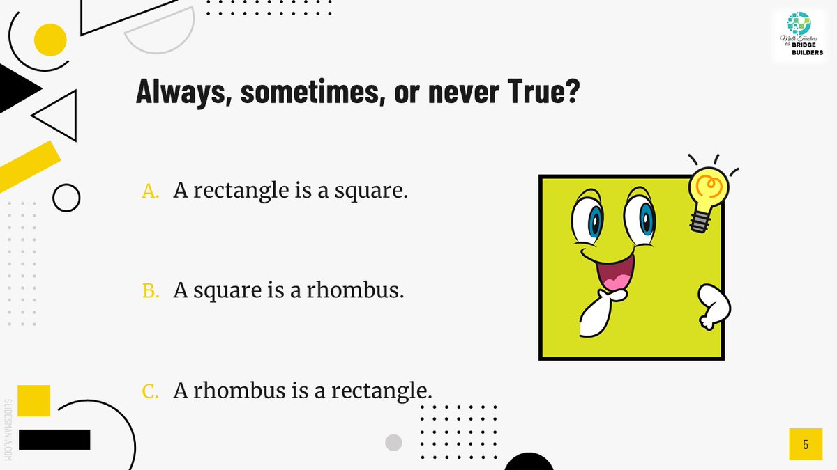 HenaineSamia's tweet photo. Can a square be a rectangle and a rhombus? Can a rectangle be a square? Let's convince each other! 

Visit our website for more questions related to the inquiry strategy "Convince me!". 
https://t.co/ReuGpQ6kjp 
#math #geometry #inquiry #highorderthinking #convinceme https://t.co/VNdhEASn1w