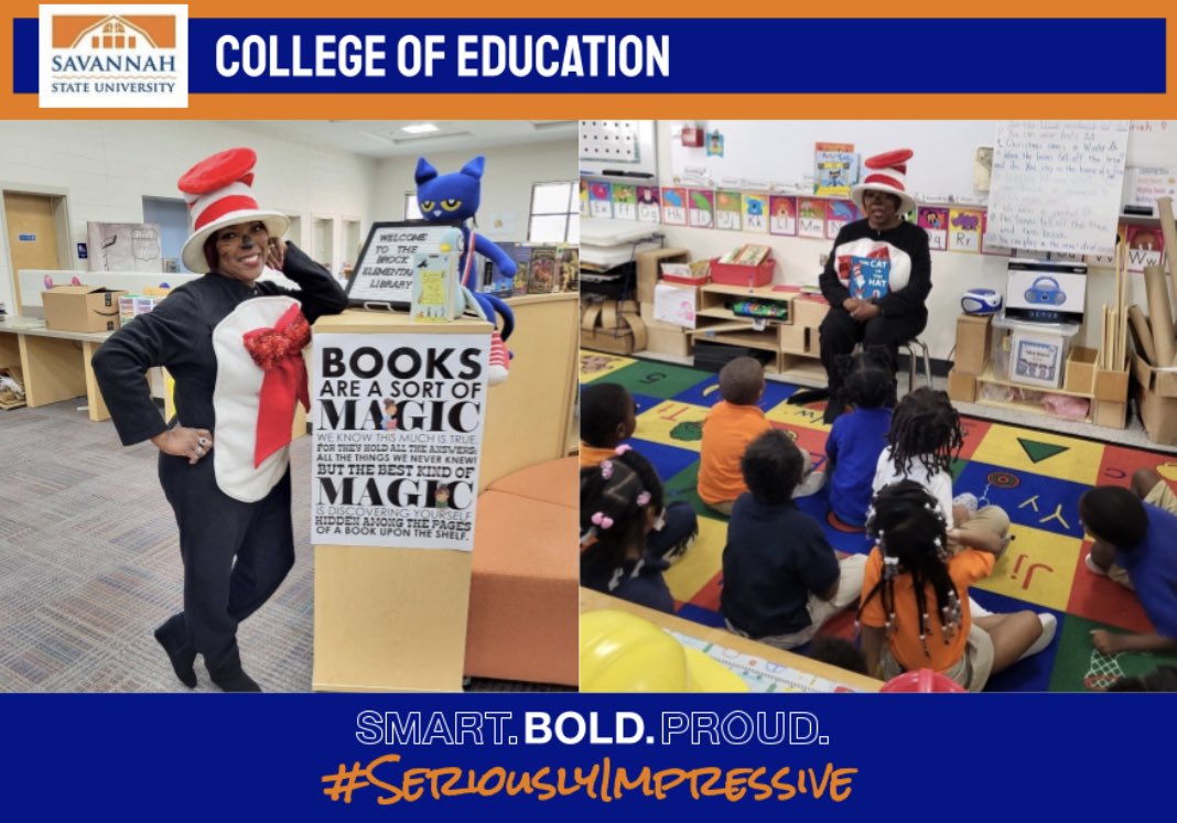 Some of our @savannahstate COE students visited @OJBrockTigers in order to read to students as a part of Read Across America day! Thank you to the students and staff of Brock Elementary for allowing us to participate! 🧡💙 #SSUCOE #SeriouslyImpressive