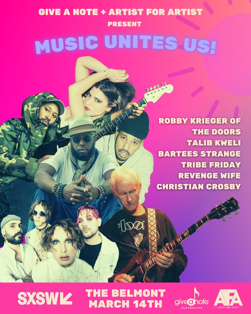 Music Unites Us! See you in #Austin at our 2nd Annual <a href="/sxsw/">SXSW</a> #showcase with <a href="/AFAmgmt/">Artist For Artist</a>, where legendary &amp; breakthrough talent come together to celebrate diversity in #music and support access to quality music education for all!
<a href="/BelmontAustin/">The Belmont</a> #sxsw #SXSW2023 #musicmatters #giveanote