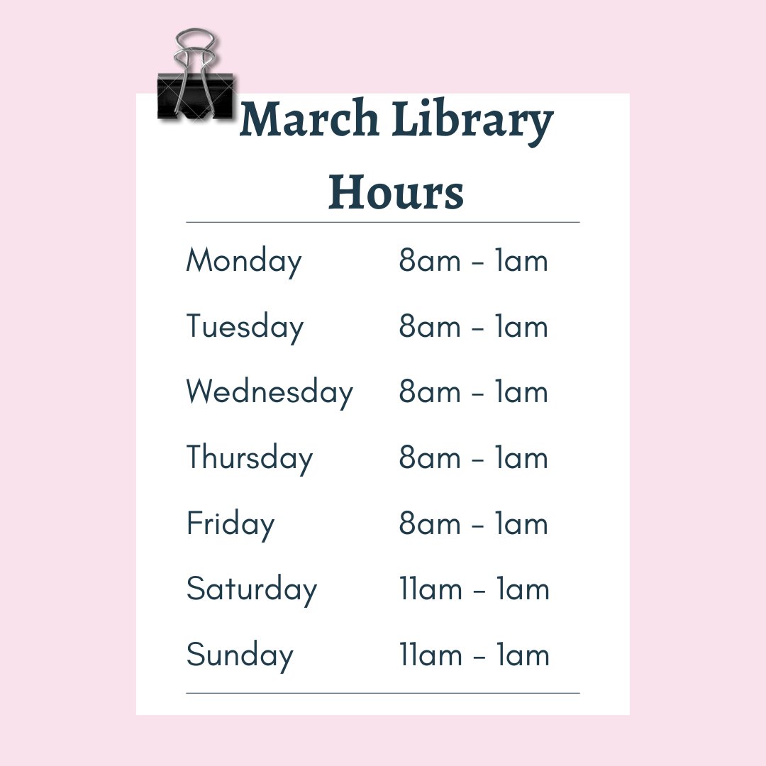 acadialibrary's tweet image. March Library Hours: Monday to Friday, 8am to 1am. Saturday and Sunday, 11am to 1am. #acadiau #libraryhours
