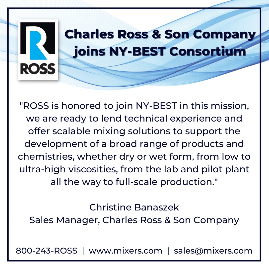 Charles Ross &amp; Son Company joins NY-BEST. 
Click the link to learn more about ROSS and New York Battery and Energy Storage Technology Consortium.
mixers.com/company/news/c…
ny-best.org
#rossmixers #NYBest #cleanenergy #energystorage