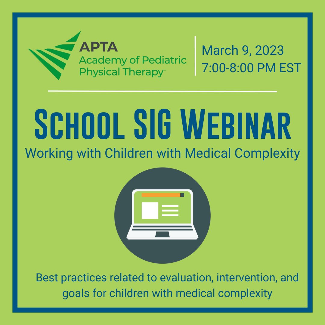 AcadPedPT's tweet photo. Join us 3/9 7:00-8:00PM EST! This free webinar is sponsored by the School SIG, is open to members and nonmembers. Registration is required

https://t.co/F6FDJlUYck

#pedipt #pediatrics #pedatricpt #pedspt #physicaltherapists #APTApediatrics #schoolSIG #schoolbasedtherapy https://t.co/PCVfAlOTEZ