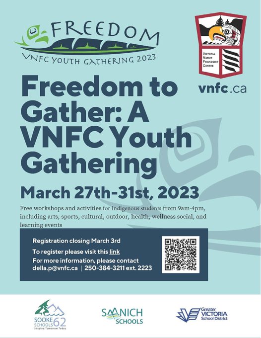 Free event for children and youth ages 7-18 over spring break!

Participate in things like a basketball workshop with the UVic Vikes, connect with Elders, visit WildPlay, a Garden tour, a medicine plant workshop and more! 

Find out more or register: vnfc.ca/youth-services/