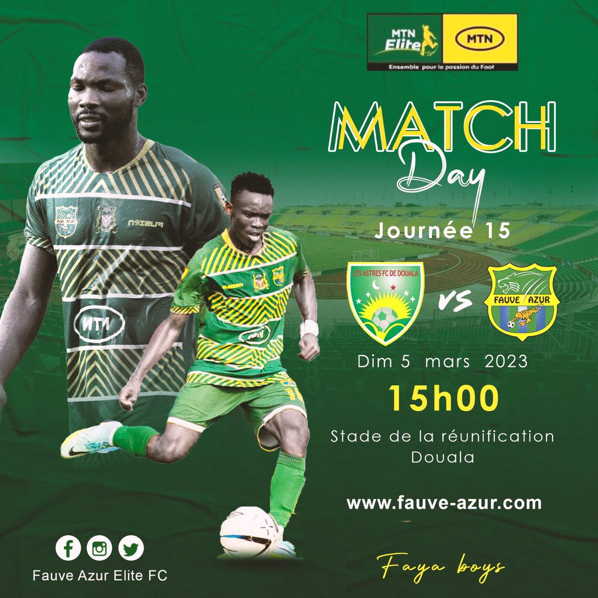 🟢🟡#MTNEliteOne #Matchday 
Après deux victoires consécutives, les #Fayaboys débarquent dans la Capitale économique en conquérants pour défier les Brésiliens de Bepanda.
#AstresdeDla 🆚 #FauveAzur 
🏟️Stade de la Réunification
🗓️Dim 05 Mars 2023
🕒15H 
👉🏾 fauve-azur.com