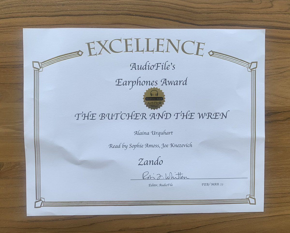 Always fun when they come in the mail! It won an Earphones Award and now it’s up for an Audie! “The Butcher and the Wren” by Alaina Urquhart, narrated by myself and @joeknezevich, produced by @zandoprojects and @DeyanAudio. @audiobooks @AudioFileMag #EarphonesAward #Audies2023