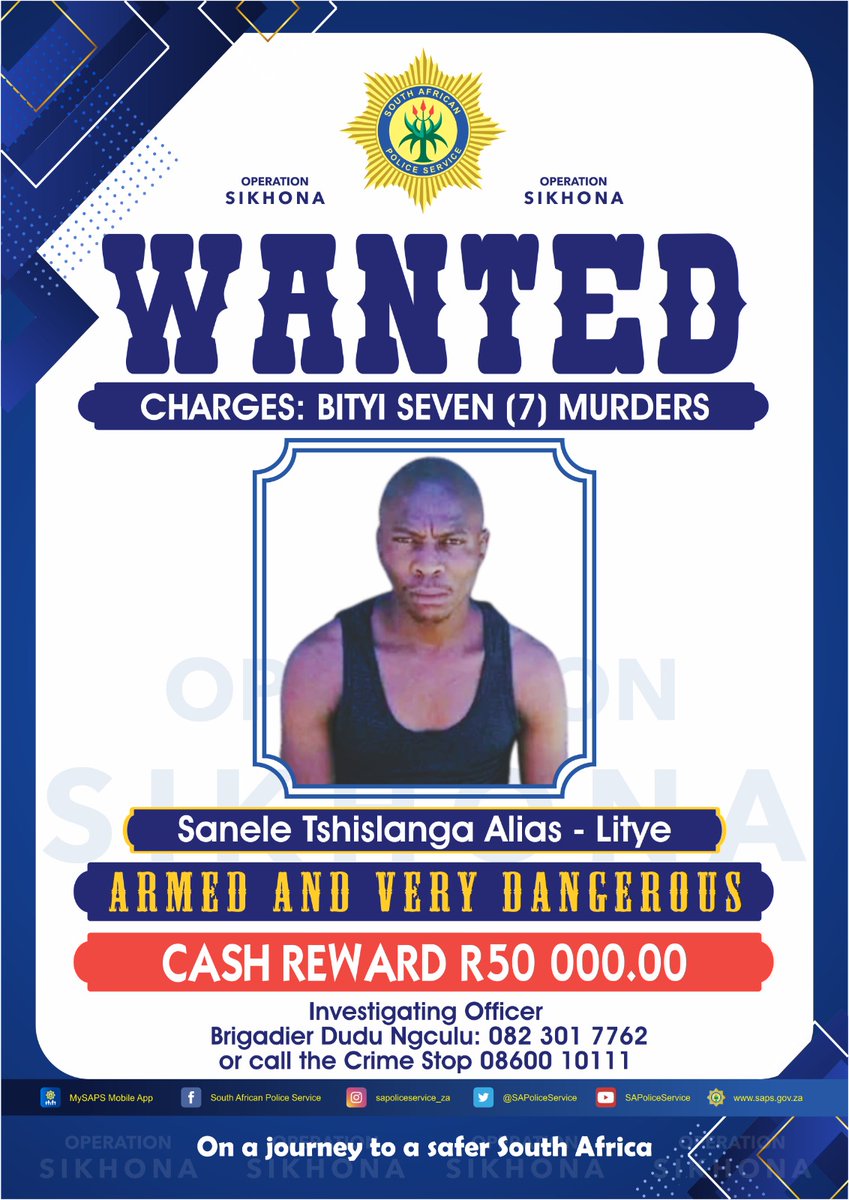 #sapsEC #SAPS  EC is appealing for assistance from the public & offers a cash reward of R50 000 for info that will lead to the arrest & successful prosecution of Sanele Tshislanga allegedly involved in the murder of 7 people on 01/02 in Qunu, Mthatha.  @SAPoliceService