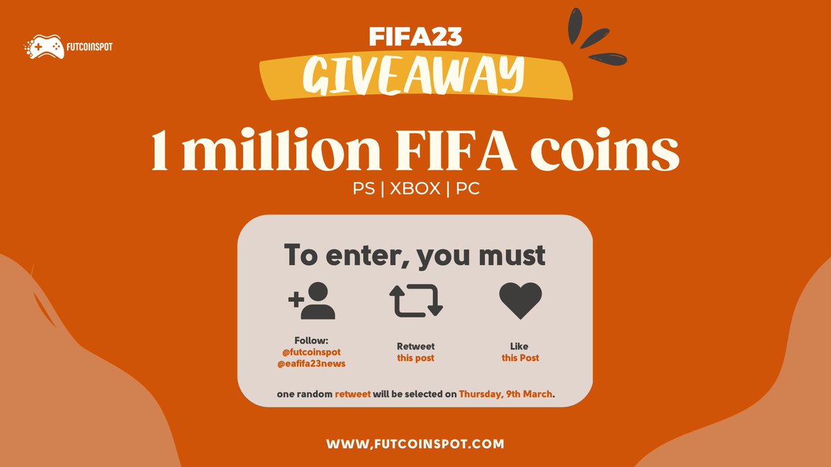 EAFCassist's tweet image. Ready to level up your FIFA 23 game? 🎮⚽ 
Enter our giveaway for a chance to win 1 Million FIFA23 coins!

To enter, simply:

1️⃣ Follow @FutCoinSpot &amp;amp; @eafifa23news
2️⃣ Like this post ❤️
3️⃣ Retweet this post 🔁

One lucky winner will be randomly selected on Thursday, March 9th. 🙌