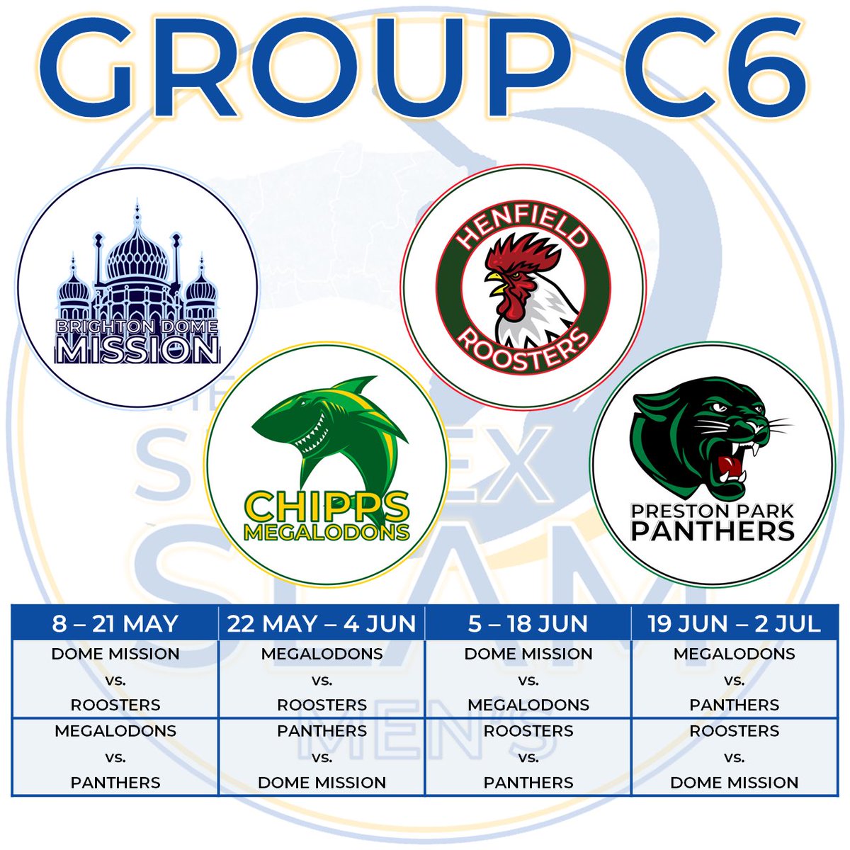 MEN’S CUP GROUP 6

Brighton <a href="/DomeMission/">Brighton Dome Mission CC</a> 
<a href="/ChippsCC/">Chippingdale CC</a> Megalodons 
<a href="/HenfieldCC/">Henfield CC</a> Roosters
Preston Park Panthers
