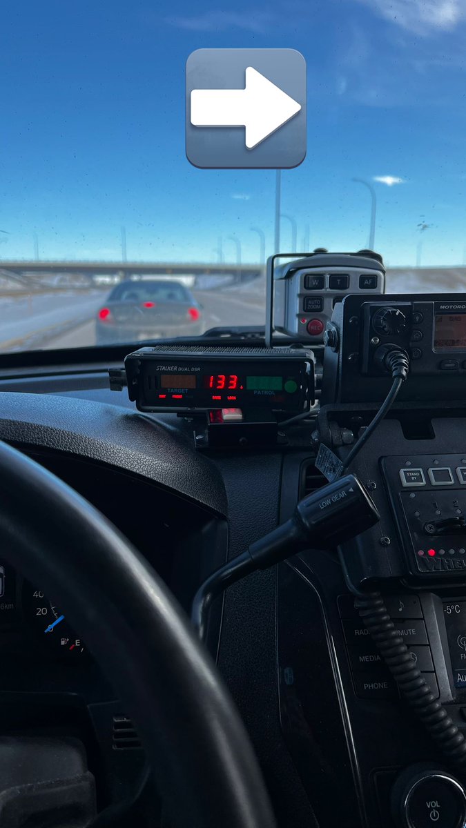 CTSSask's tweet photo. This vehicle was stopped &amp; driver charged for going 133 in a 100. When the member activated the emergency lights on the police vehicle, the driver MOVED LEFT and stopped near the center median. This is not only illegal, it's very dangerous for all involved.... 1/2 https://t.co/4NJGWQGUFR