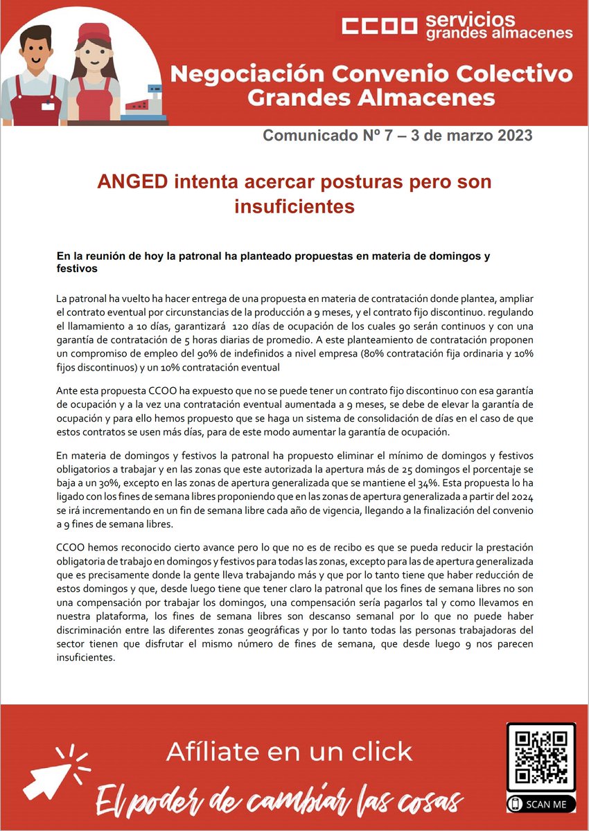 📋COMUNICADO 7️⃣ CONVENIO GGAA

 👉🏻<a href="/ANGED_es/">ANGED</a> intenta acercar posturas, pero son insuficientes

🤔 En la reunión de hoy, la patronal ha planteado propuestas en materia de domingos y festivos