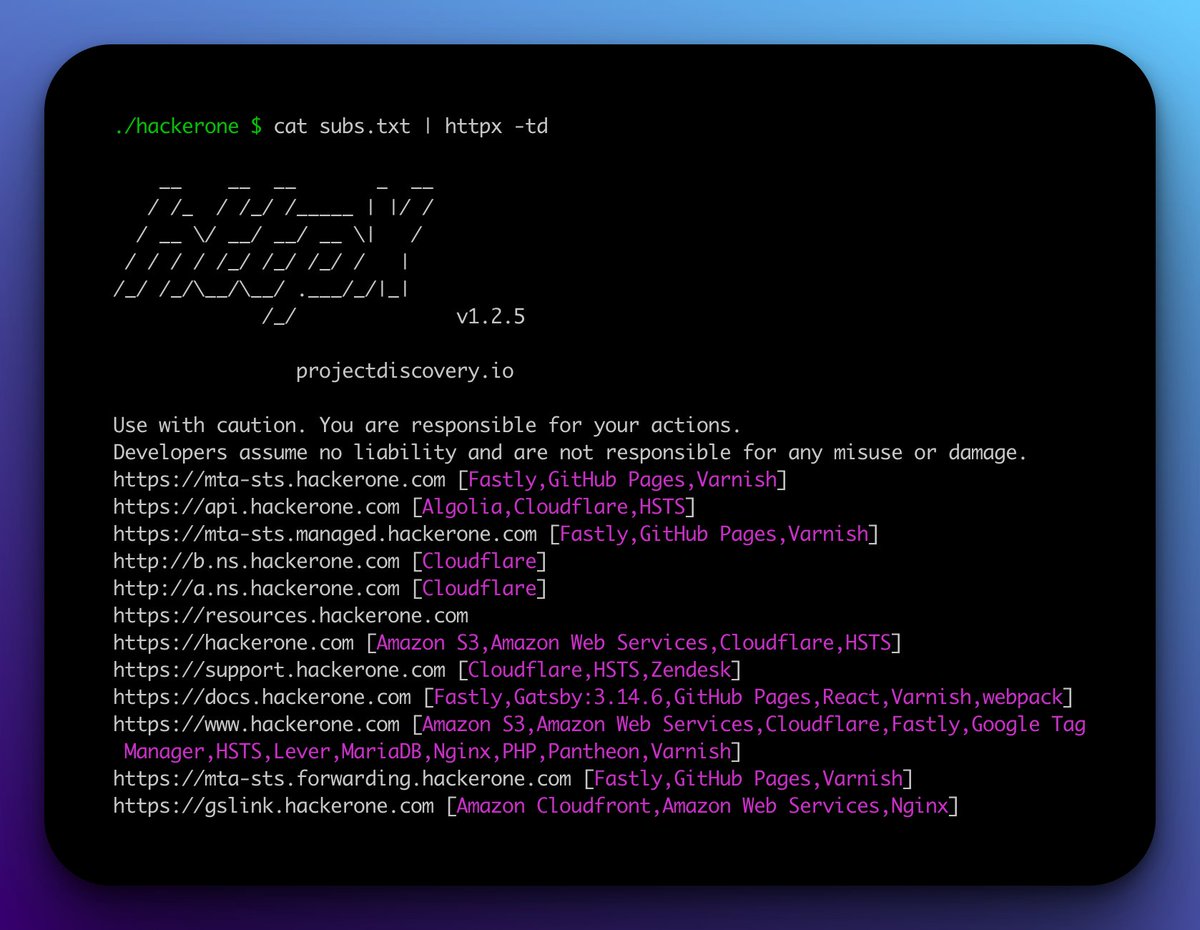 Did you know you can detect technology from the CLI using httpx? 📡

Just use the <option> -tech-detect or -td when you next use httpx 🕵️

🤩 Based on <a href="/Wappalyzer/">Wappalyzer</a> data! 😎

Install httpx for ✨FREE✨ 👉🔗 github.com/projectdiscove…

Check out how easy it is! 👇
