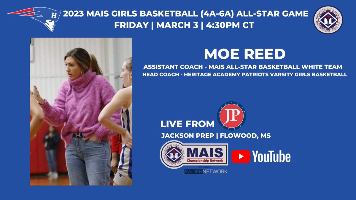 HAPatriotSports's tweet photo. Congrats to Coach Moe, @lucysharp04 and @NaugherTrey as they'll represent @HAPatriots ‼️

The 2023 MAIS Basketball (4A-6A) All-Star Games will take place today at Jackson Prep.

🕟GIRLS - 4:30PM CT | 🕕BOYS - 6:15PM CT

📺 @JARaiderNetwork /@MaisNetwork: https://t.co/7c0Rg6i1uF https://t.co/xIItf2ZPNT
