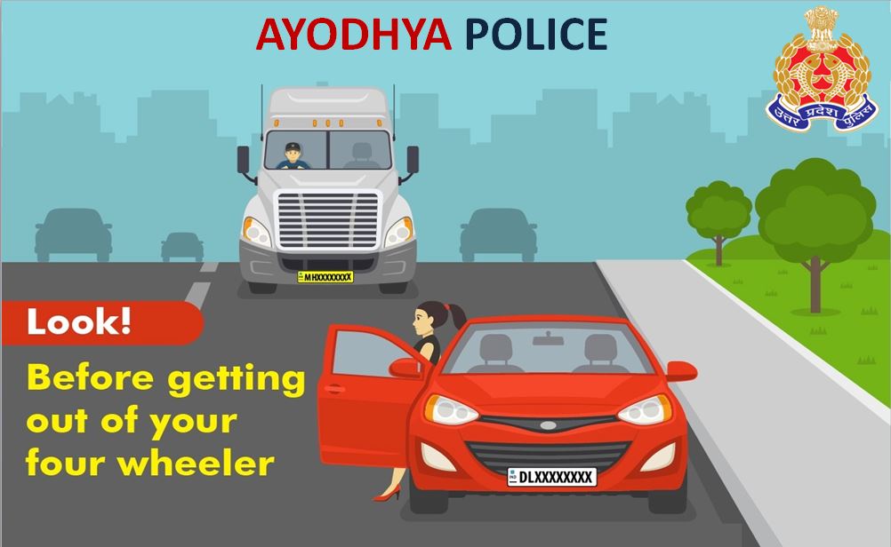 ayodhya_police's tweet photo. FOLLOW TRAFFIC RULES-
Your Safety is Our Concern
चार पहिया वाहन से बाहर आने से पहले पीछे आने वाले वाहन को देखें व सावधानी पूर्वक वाहन से बाहर निकलें।
#UPPolice
#ayodhyapolice
#FollowRoadSafetyTips #DriveSafe #WearHelmet https://t.co/7mLMWUyK02