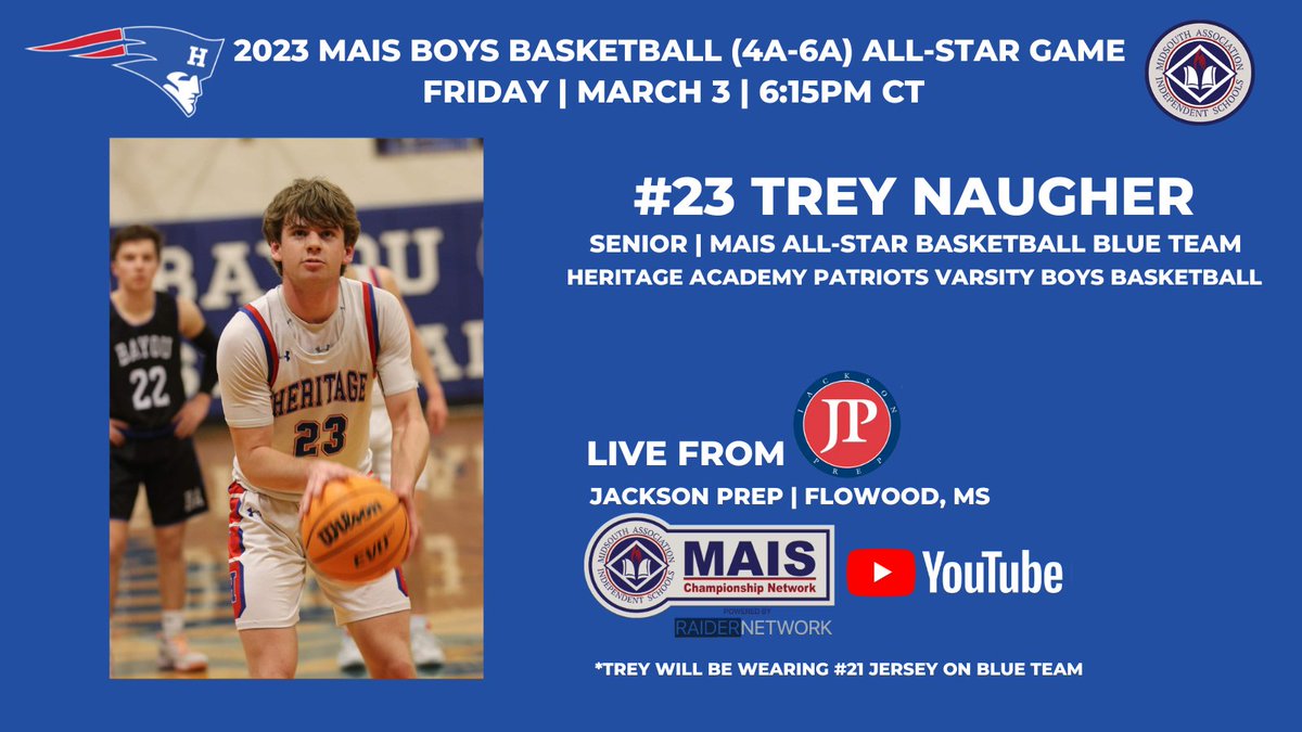 HAPatriotSports's tweet photo. Congrats to Coach Moe, @lucysharp04 and @NaugherTrey as they'll represent @HAPatriots ‼️

The 2023 MAIS Basketball (4A-6A) All-Star Games will take place today at Jackson Prep.

🕟GIRLS - 4:30PM CT | 🕕BOYS - 6:15PM CT

📺 @JARaiderNetwork /@MaisNetwork: https://t.co/7c0Rg6i1uF https://t.co/xIItf2ZPNT