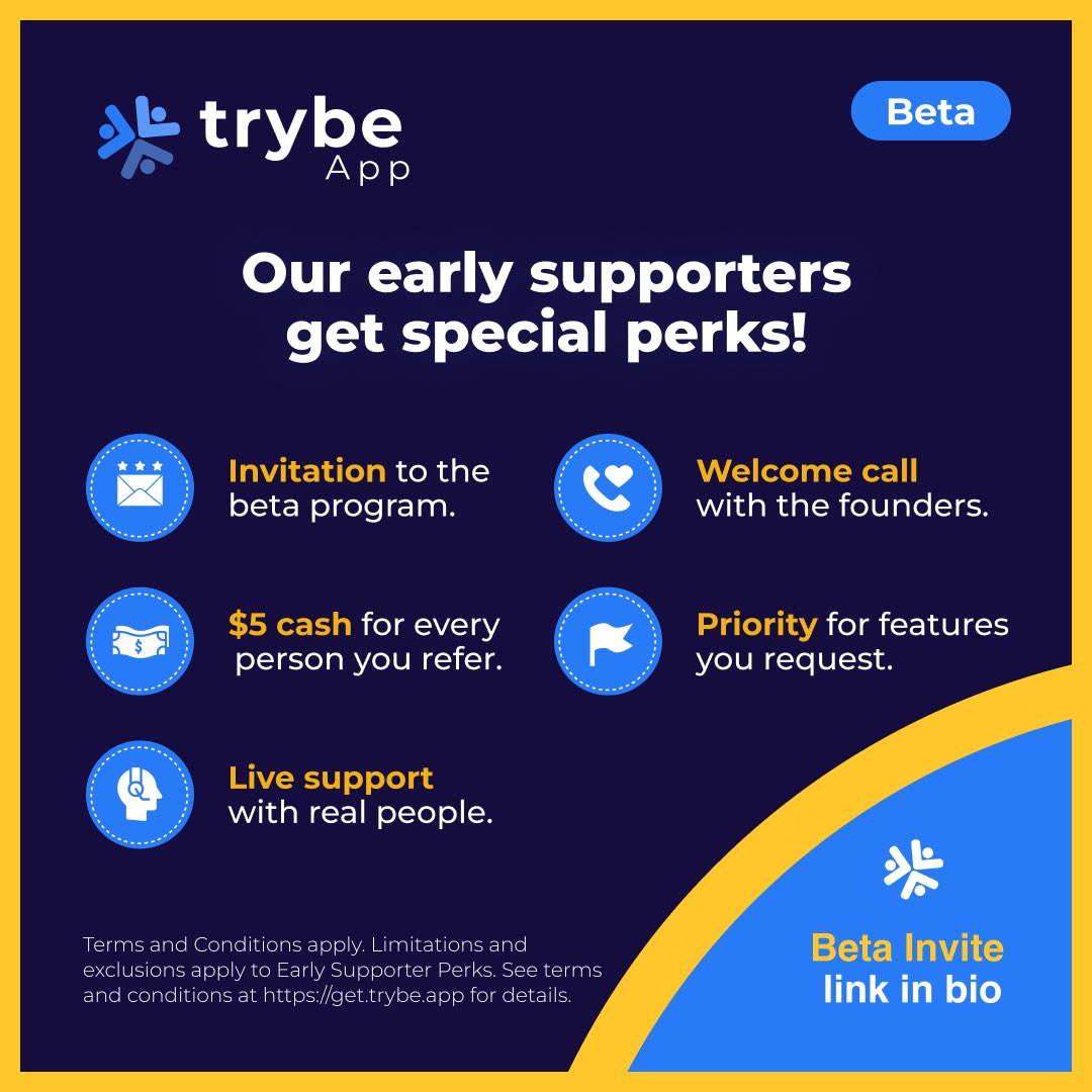 trybe_app's tweet photo. Only 4,000 spots available. ⚡️ Beta Invite link: https://t.co/7L0FVrjFCe

#finance #fintech #apps #family #friends #money #lending #borrowing #moneytips #technology https://t.co/tFPK53v6rs