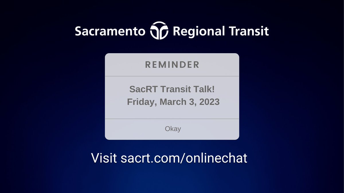RideSacRT's tweet photo. You can begin submitting questions now for todayโs (Friday, March 3) Transit Talk Online Chat at https://t.co/HNTx6J0YLb. They will be answered between noon and 1 p.m. #TransitTalk #GMChat https://t.co/nJbFSDfSdr