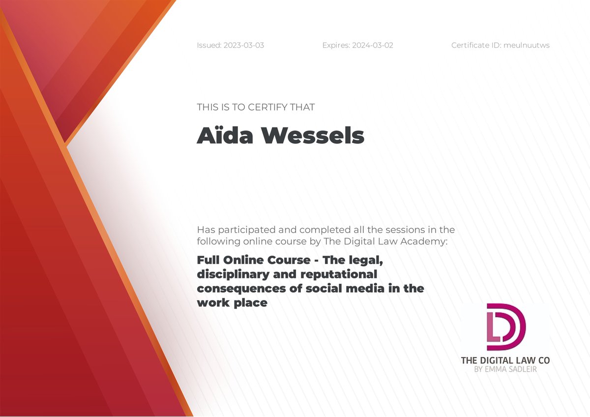 Congratulations to <a href="/aida_steyn/">Aïda Wessels</a> from our Johannesburg office! We highly recommend this online course by <a href="/EmmaSadleir/">Emma Sadleir Berkowitz</a> from The Digital Law Company. #law #digital #socialmedia