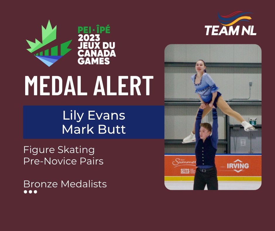 **MEDAL ALERT**
LILY EVANS AND MARK BUTT TAKE HOME THE BRONZE IN PRE-NOVICE PAIRS!!!!!!! WAY TO GO!
#GoTeamNL #RantNRoar 
@2023CanadaGames @CanadaGames