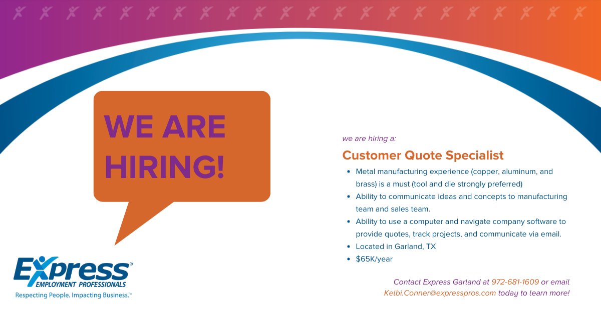WE ARE HIRING! Do you or anyone you know have metal manufacturing experience and would like to explore this great opportunity? Check out the details below and give Express Garland a call today to learn more!

#ExpressPros #NowHiring #QuoteSpecialist